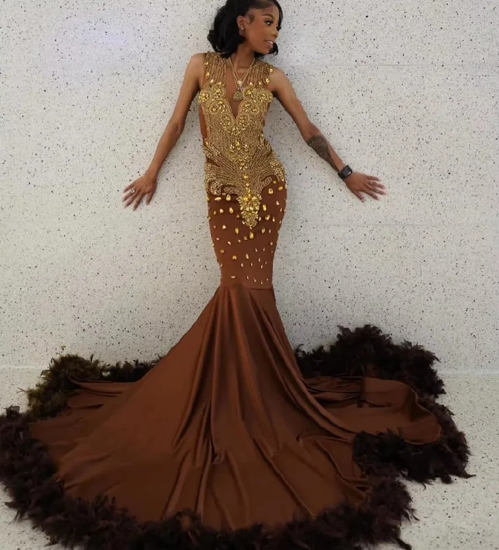 Chocolate Brown Fearhers Gold Rhinestones Prom Dresses For Blackgirls 2024 New In Formal Occasion Dress African Wedding Gowns