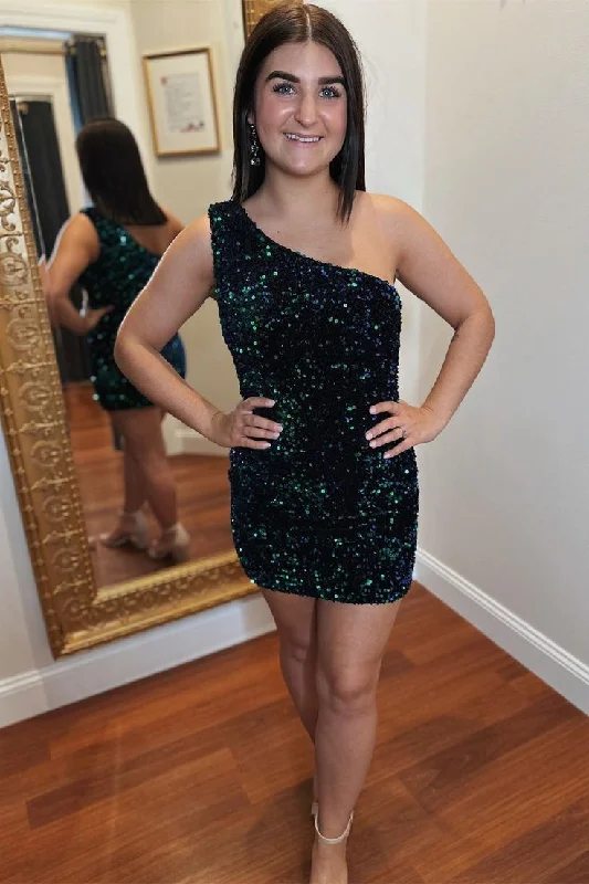 Dark Green Sequins One Shoulder Homecoming Dress    S2857