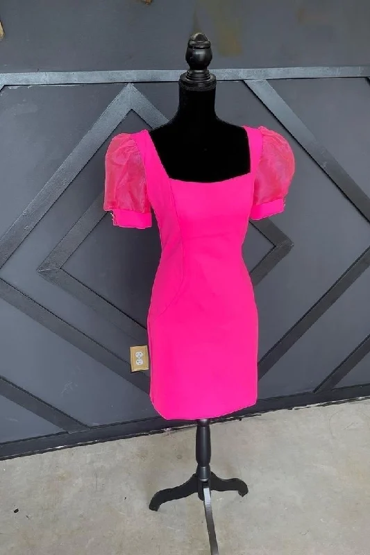 Fuchsia Puff Sleeves Square Neck Sheath Homecoming Dress        S2846