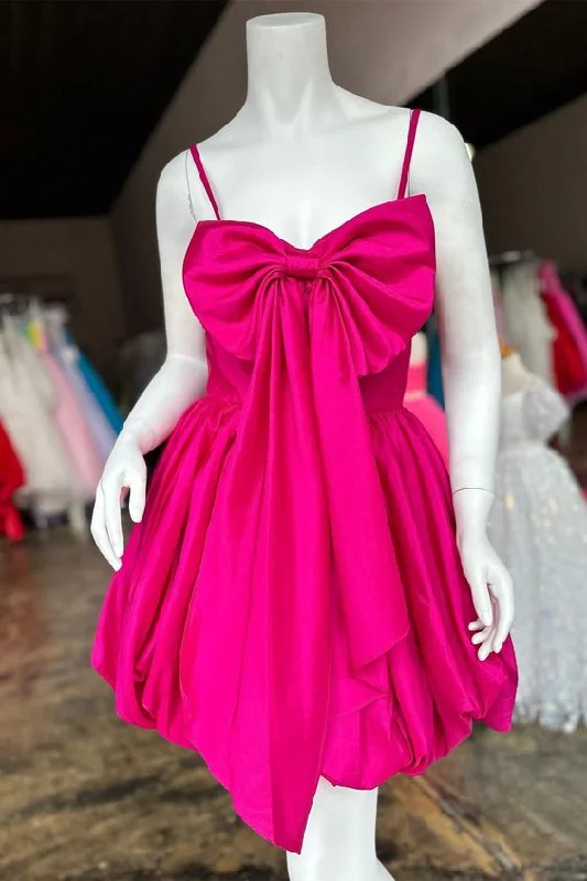 Fuchsia Straps Satin A-line Homecoming Dress with Bow   S2618