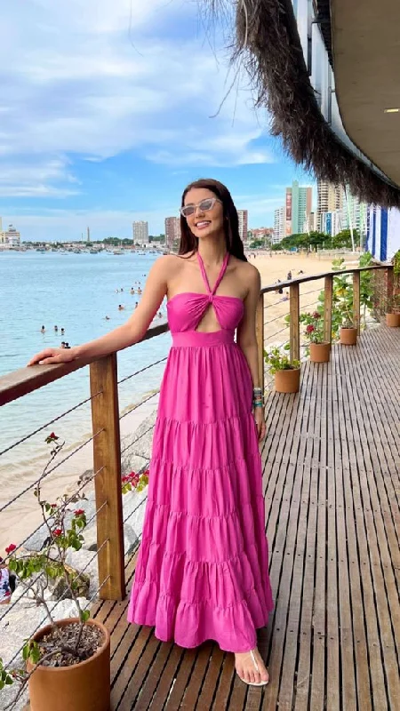 Halter Neckline Fuchsia A-line Long Prom Dress Beach Dress      S5087