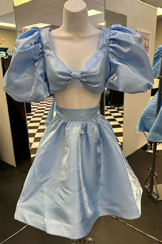 Light Blue Two-Piece Puff Sleeves A-line Homecoming Dress      S2840