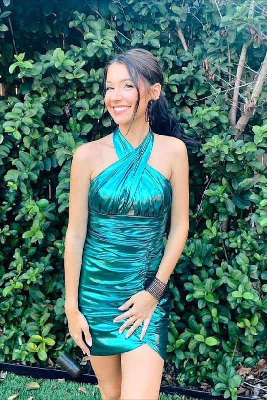 Halter Green Pleated Homecoming Dress     S2844