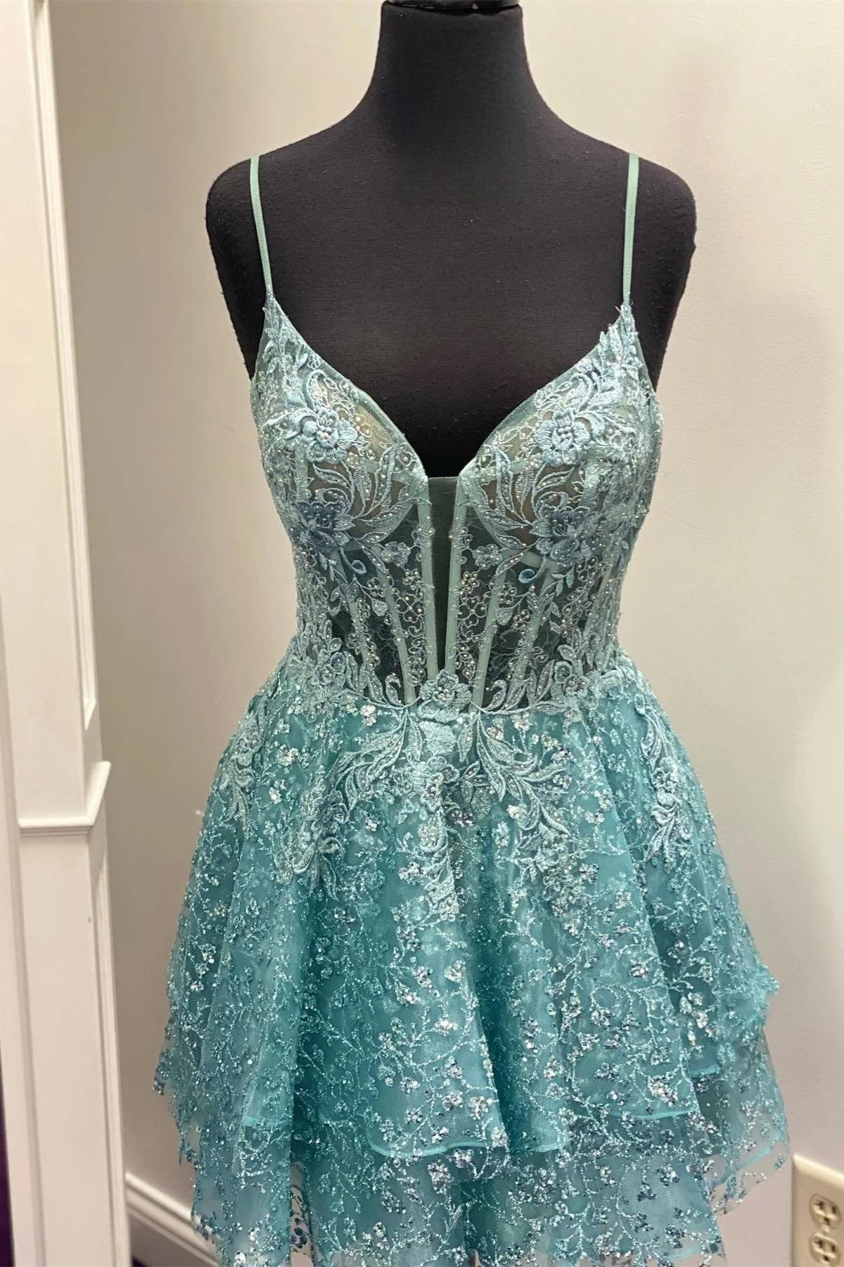 Turquoise Straps Deep V Neck Appliques A-line Multi-Layers Homecoming Dress      S2855