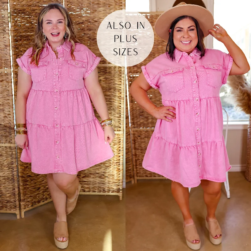 Latest Obsession Button Up Denim Tiered Dress in Pink