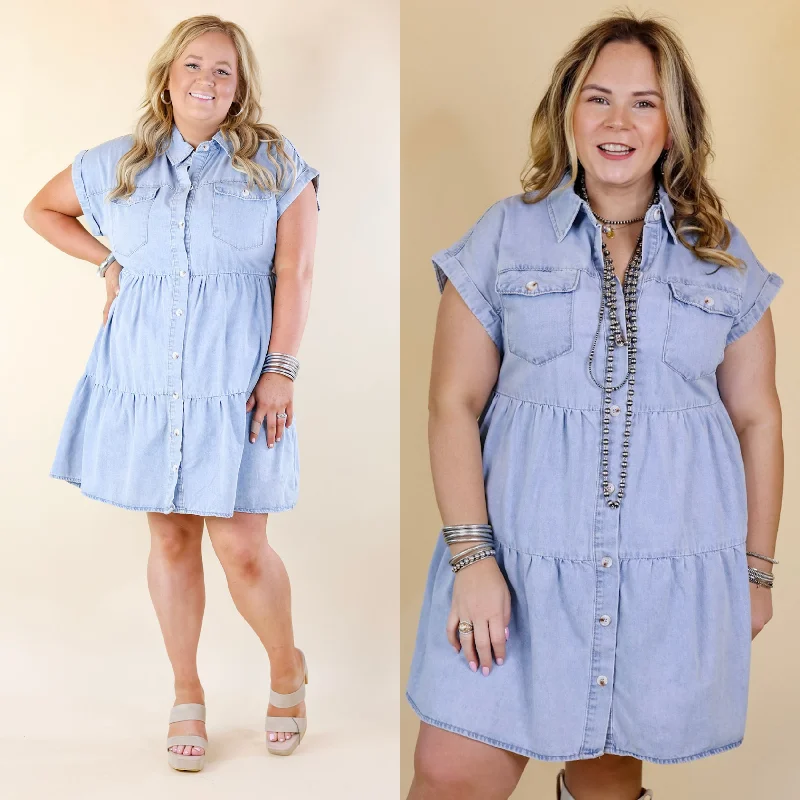 Latest Obsession Button Up Denim Tiered Dress in Light Wash