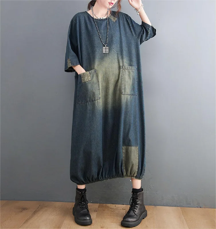 Loose Large Pocket Patchwork Denim Midi Dresses