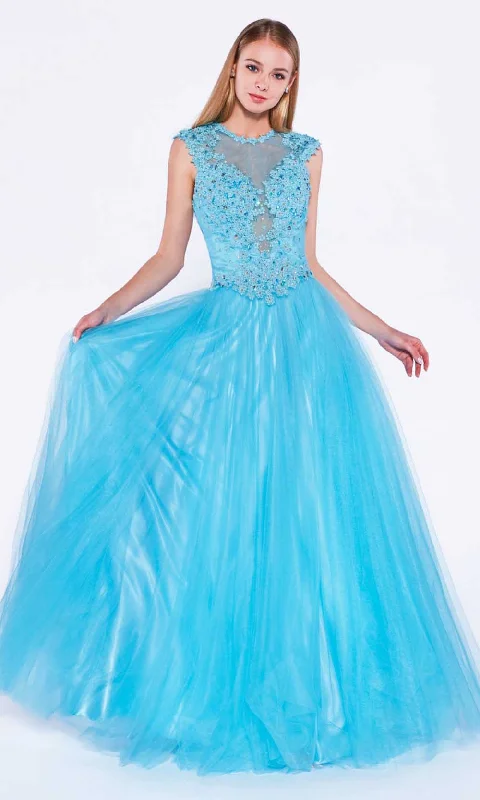 Cinderella Divine - 7635 Beaded Lace Illusion Jewel A-Line Dress