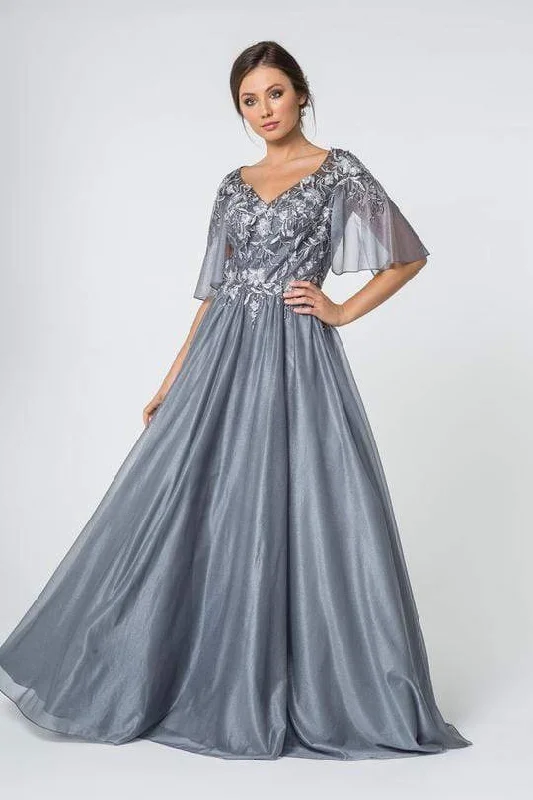 Elizabeth K - GL2830 Sheer Cape Sleeve Appliqued Chiffon Dress