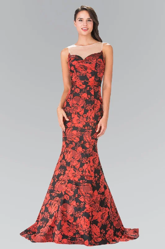 Elizabeth K - GL2246 Illusion Bateau Neckline with Floral Print Gown