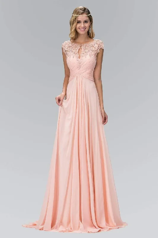 Elizabeth K - GL2136 Laced Bateau Neck A-Line Chiffon Dress