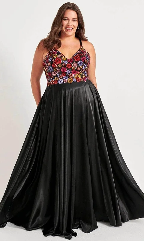 Faviana 9558 - Floral Sequined V-Neck Prom Gown