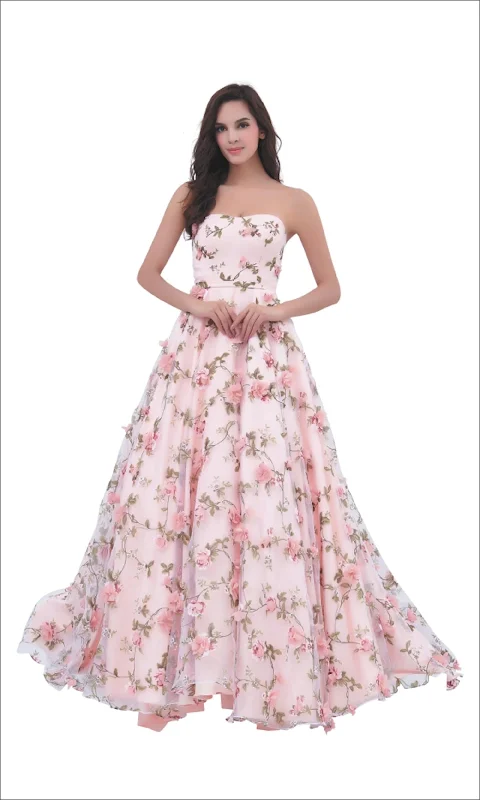 J'Adore Dresses - J11343 Floral Print Strapless Embroidered Tulle Ballgown