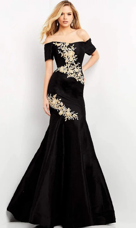 Jovani - 04814 Short Sleeve Off Shoulder Embroidered Trumpet Dress