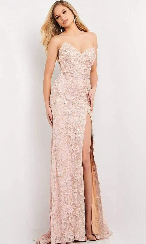 Jovani - 06168 Strapless Floral Lace Column Slit Gown