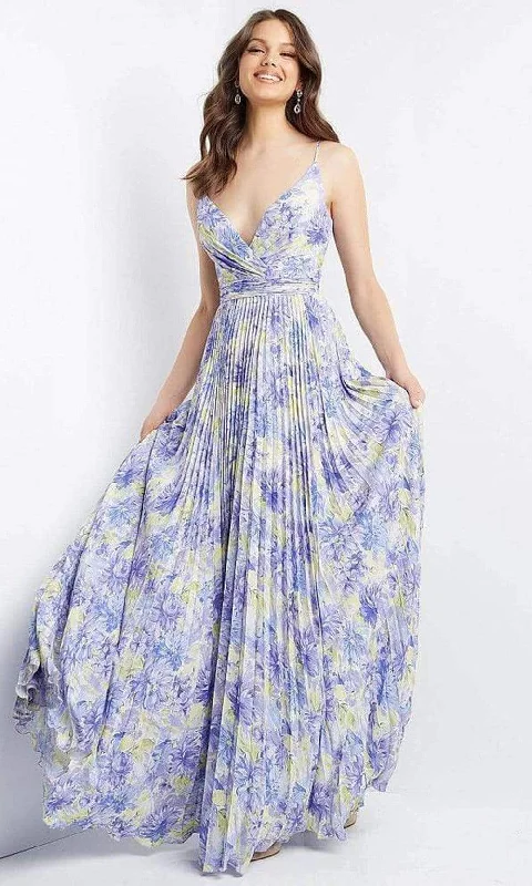 JVN by Jovani - JVN08491 V Neck Floral Print Pleated Gown