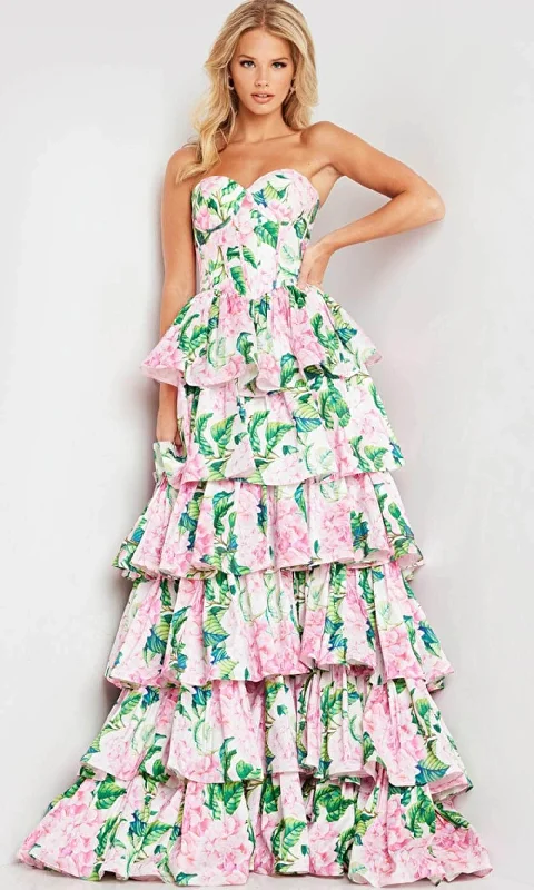 JVN by Jovani JVN37058 - Floral Print A-line Gown with Tiered Skirt