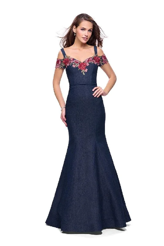 La Femme - 25753 Cold Shoulder Floral Denim Trumpet Gown