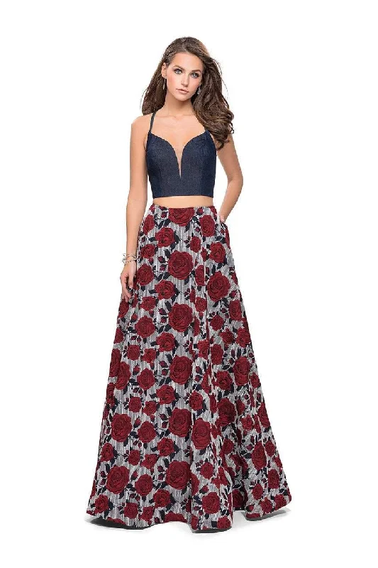 La Femme - 25789 Two Piece Plunging Denim Open Back A-line Gown