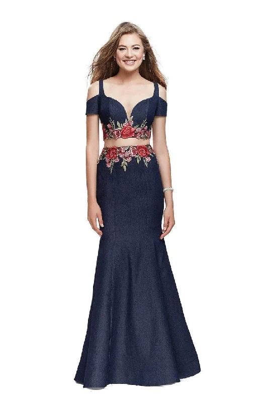 La Femme - 25848 Cold Shoulder Floral Two Piece Denim Gown