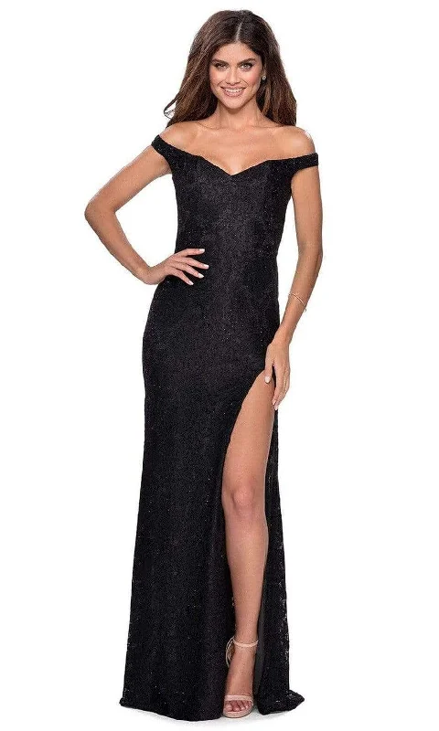 La Femme - 28301 Stretch Lace Off-Shoulder Sheath Dress With Slit