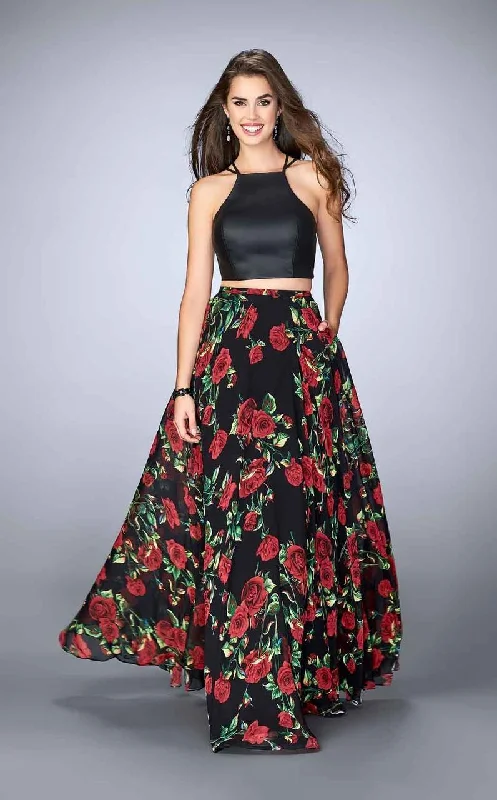 La Femme - 24014 Eye-catching Floral and Leather Two-piece Chiffon Dress