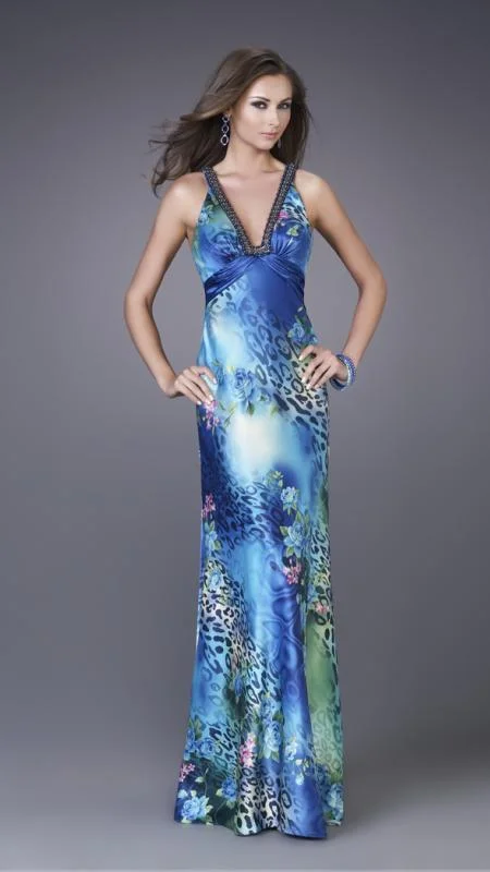 La Femme - 15734 Feisty Floral and Animal Print V-Neck Sheath Gown