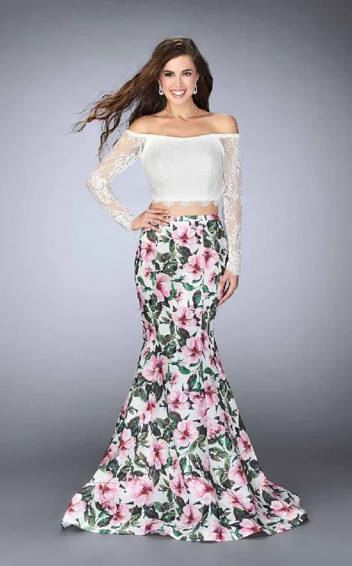 La Femme - 24281 Intricate Lace Off-Shoulder Long Floral Evening Gown