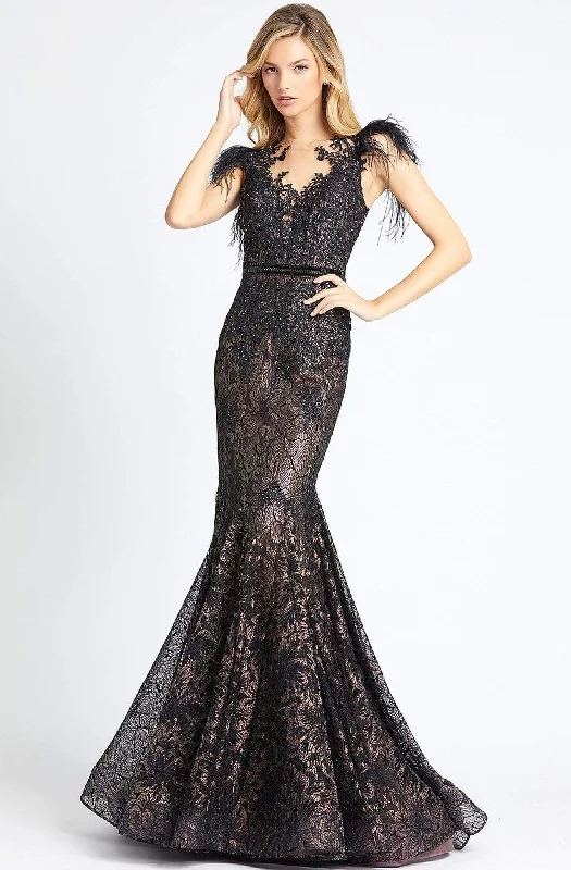 Mac Duggal Black White Red - 79230R Feathered Lace Mermaid Gown