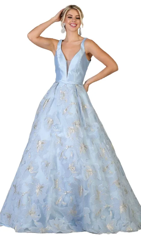 May Queen - RQ7730 Plunging V-Neck Floral Ballgown