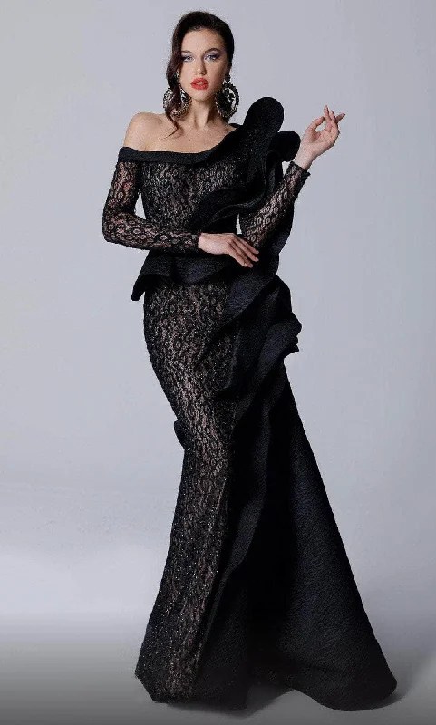 MNM Couture 2735 - Asymmetric Beaded Lace Evening Gown