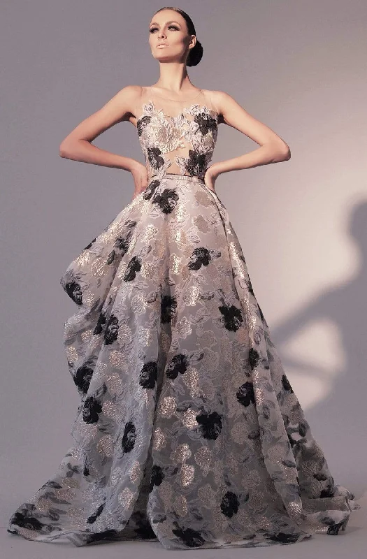 Nicole Bakti - 6797 Illusion Scoop Metallic Floral Print Gown