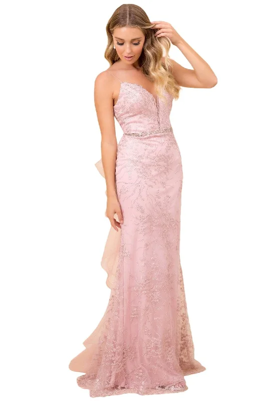 Nox Anabel - T314 Plunging V-Neck Embroidered Mermaid Gown