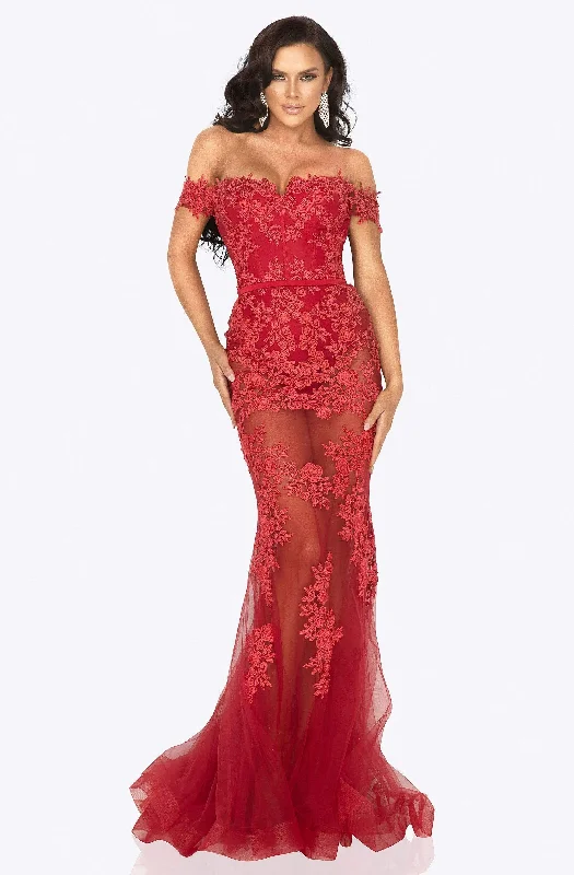 Terani Couture - 2012P1471 Floral Embroidered Off-Shoulder Dress