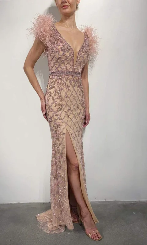 Terani Couture - 2027GL3248 Lattice Beaded Hight Slit Gown