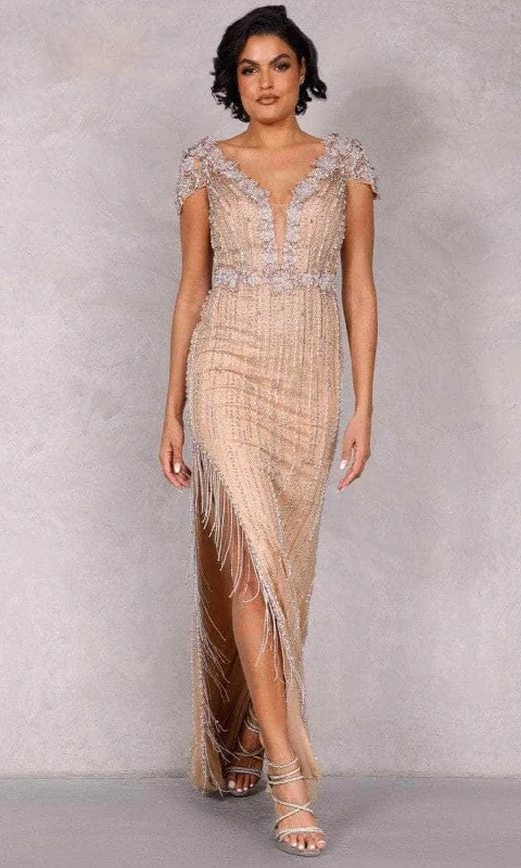 Terani Couture 2027GL3259 - Fringed Slit Beaded Evening Dress