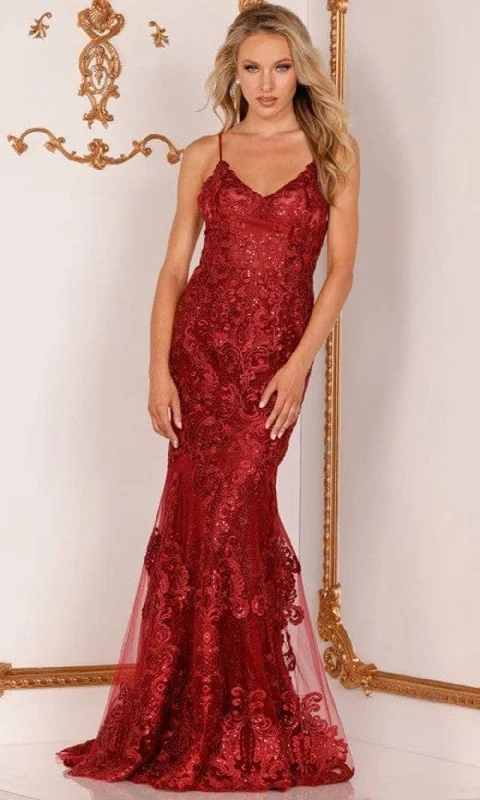 Terani Couture - 2215P0029 V-Neck Embroidered Trumpet Gown