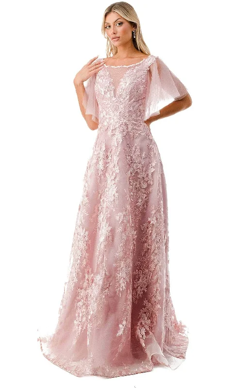 Trevi Collection M2818M - Bateau Floral Embroidered Evening Dress