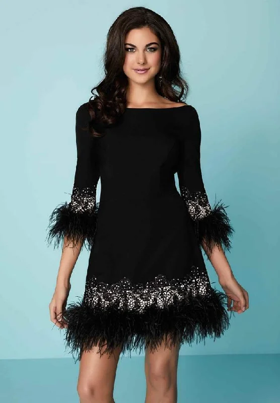 Tiffany Homecoming - Embellished Bateau Feathered Sheath Dress 27142 - 1 pc Black/Nude in Size 12 Available